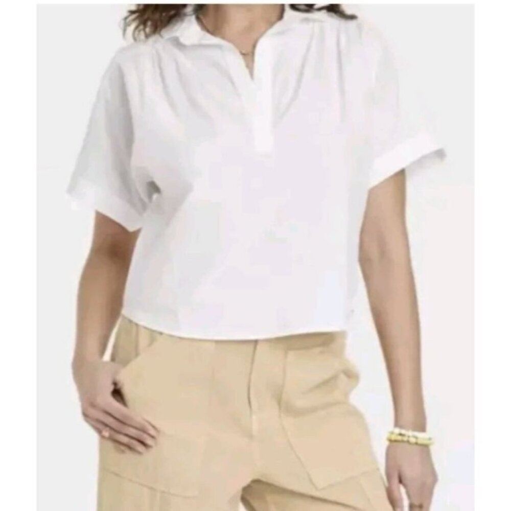 Universal Thread Womens White Cotton Short-Sleeve Collared Crop Top Blouse XL